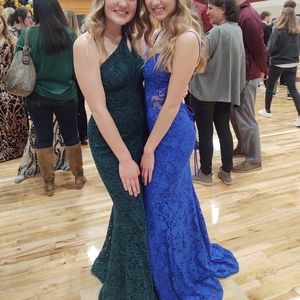 Sherri Hills sapphire blue lace prom dress